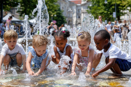 Six children play joyfully in a fountain on a sunny summer day, splashing water at each other.の写真素材