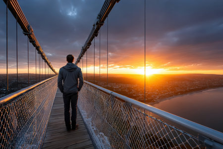 A person strolls along a suspension bridge at sunset, admiring the dramatic sky and ocean view.の写真素材