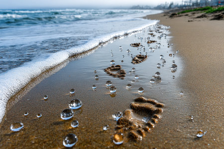 Footprints lead along wet sand where water meets the shore, with droplets glistening under morning light.の写真素材