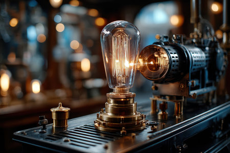 A glowing light bulb enhances the detailed design of antique machinery in a creative workshop setting.の写真素材