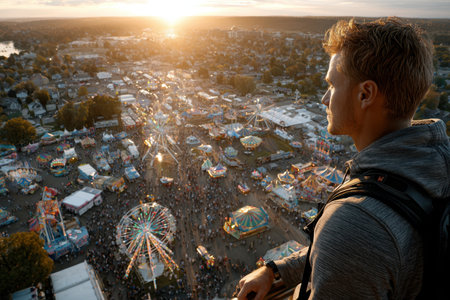 A bustling carnival at sunset, lit by the golden hour light, shot with a drone camera, featuring a man observing the carnival from above, ultrarealistic photo --ar 3:2 --raw --profile nk3i4wf --stylize 250 --v 7 Job ID: 3db7d989-124b-4da3-982f-097da891158aの写真素材