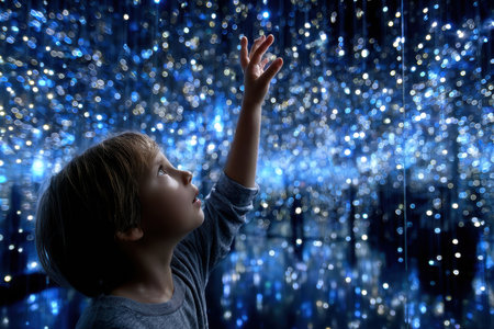 A child interacts with a stunning display of glowing lights in an immersive art space during evening.の写真素材