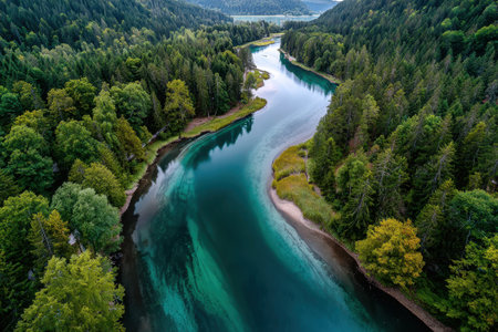 An aerial view of a turquoise river flowing through a dense forestの写真素材