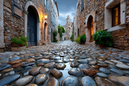 A shot of a narrow, cobbled street in an old European town, captured at dawn with a wide-angle lens, evoking a sense of history and charmの写真素材