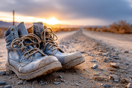 A poignant shot of an old, weathered pair of shoes on a dusty road, symbolizing journey and endurance, under golden hour light, using a 50mm prime lens on a DSLR, where the road disappears into thin airの写真素材