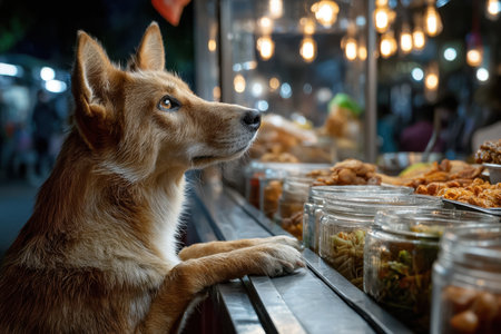 A dog looks longingly at food in jars at a night marketの写真素材