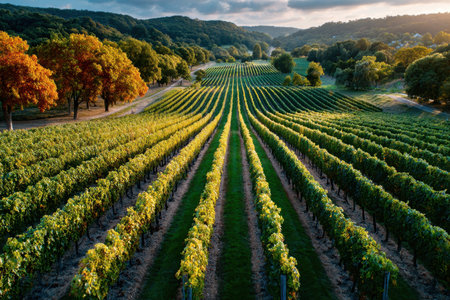 Rows of grapevines in a vineyard during sunset with colorful autumn trees and hills in the backgroundの写真素材