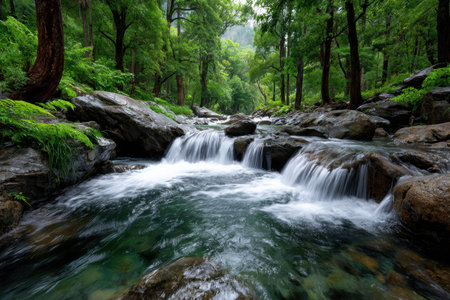 A clear stream flows over rocks in a lush green forestの写真素材