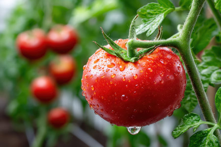 A closeup of a ripe red tomato on the vine with water dropletsの写真素材