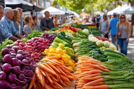 Fresh, colorful produce on display at an outdoor farmers marketの写真素材