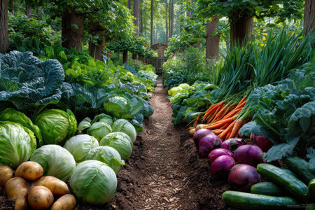 A dirt path winds through a lush garden filled with colorful vegetablesの写真素材