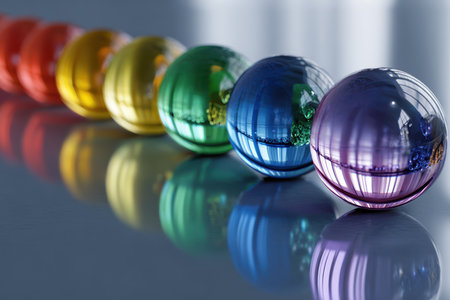 Shiny spheres in shades of purple, blue, green, and yellow create a vibrant line, reflecting natural light.の写真素材