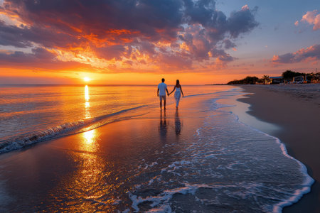 A couple strolls on the tranquil shore during a stunning sunset, reflecting warm hues on the water.の写真素材