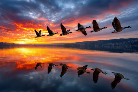 A peaceful sunrise over a tranquil lake, captured in a wide-angle lens, with a flock of birds suddenly taking flightの写真素材
