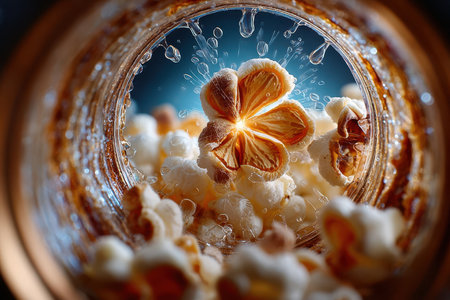 Popcorn kernels burst energetically in a glass jar surrounded by fluffy popcorn, creating a vibrant scene.の写真素材