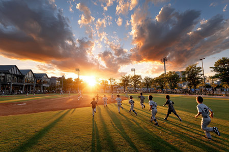 Young athletes sprint across the field as the sun sets, creating a vibrant, colorful backdrop for their game.の写真素材