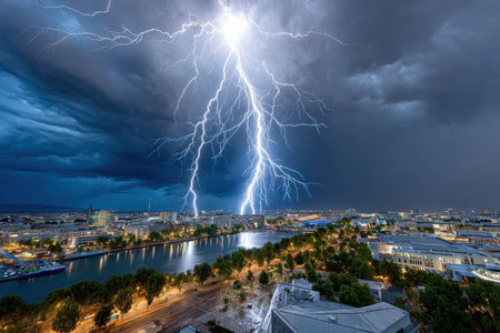 Lightning strikes over a city next to a river at nightの写真素材
