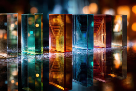 Brightly colored transparent blocks are lined up, reflecting vibrant city lights in a nighttime setting.の写真素材