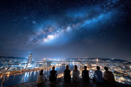 Group of friends relax while stargazing, admiring the Milky Way above the illuminated city at night.の写真素材