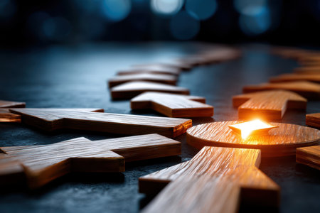 Wooden arrows point towards a glowing star at the center, creating a captivating visual contrast in a dimly lit setting.の写真素材