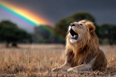 A powerful lion roars with pride, set against a colorful rainbow in the expansive savanna.の写真素材