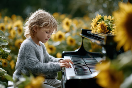 Young child focuses on playing piano surrounded by a field of bright sunflowers in sunny weather.の写真素材