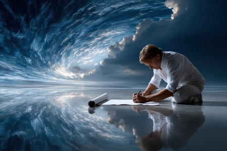 A person kneels on a reflective surface, sketching while dramatic waves surge in the background.の写真素材