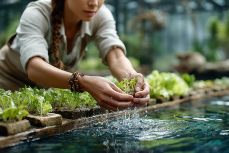 A gardener carefully washes lettuce seedlings in a greenhouse water pond while working in sunlight.の写真素材