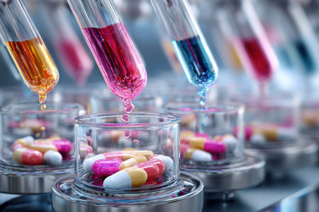 Brightly colored liquids are carefully dispensed into glass containers filled with capsules in a lab setting.の写真素材