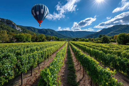 A hot air balloon floats above rows of grapevines in a picturesque vineyard, with rolling hills and a clear blue sky in the backgroundの写真素材