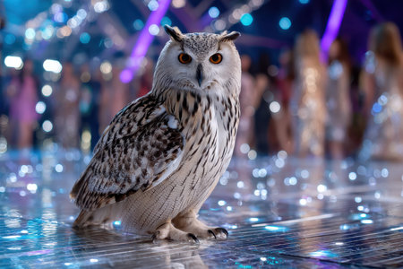 An elegant owl stands on a shiny surface while vibrant lights illuminate a lively celebration behind it.の写真素材