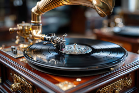 A vintage gramophone spins a classic vinyl record, filling the cozy music room with nostalgic melodies.の写真素材