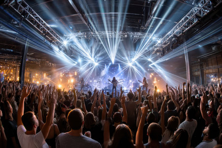 A large crowd enjoys a live musical performance under bright stage lightsの写真素材