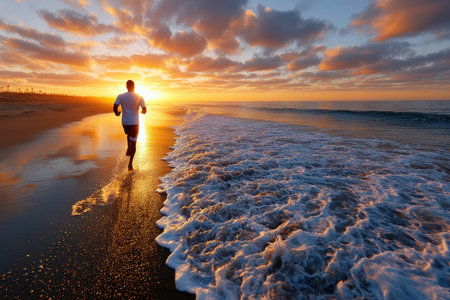 A man jogging on a beach at sunrise, under warm, golden light, with a sudden leap over a waveの写真素材
