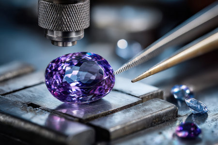 A large purple gemstone is being faceted with tools in a workshopの写真素材