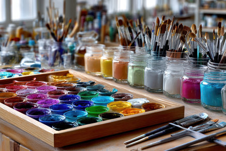 An artists table is filled with various paints, brushes, and colorful pigmentsの写真素材