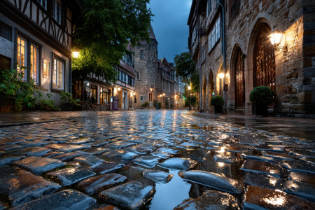 A shot of a narrow, cobbled street in an old European town, captured at dusk with a wide-angle lens, evoking a sense of history and charmの写真素材
