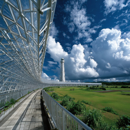 A glass-closed walkway leads to a futuristic tower in a green fieldの写真素材