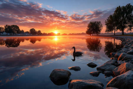 A duck swims on a misty lake at sunrise, reflecting the golden skyの写真素材