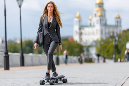 Young woman in formal attire enjoys skating along a city walkway with stunning architecture in view.の写真素材
