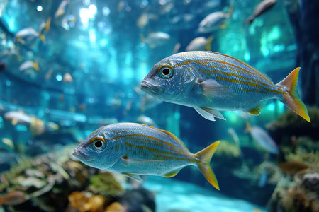 Two fish swim in an aquarium tank, amidst blurred other fish and coralの写真素材