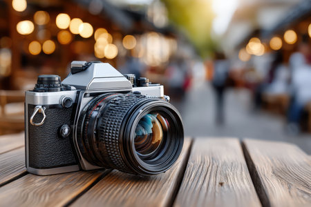 A vintage camera rests on a wooden table in a bustling market, capturing the warmth of early evening.の写真素材