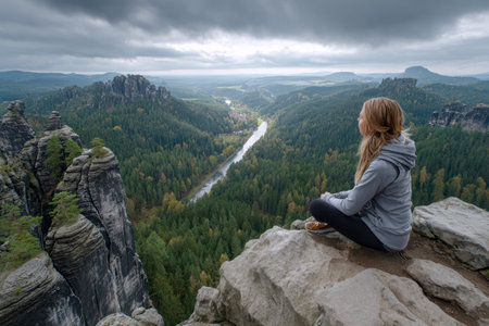 A person sits on a rock ledge, gazing at the lush valley and river below, surrounded by trees and cliffs.の写真素材