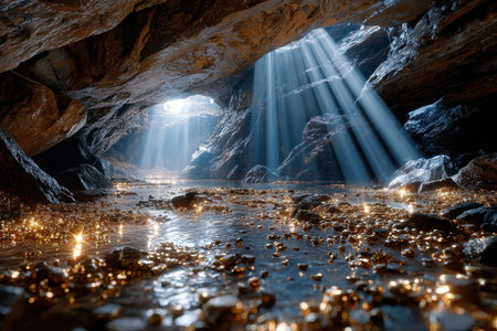 Sunbeams illuminate gold nuggets scattered across the floor of a dark caveの写真素材