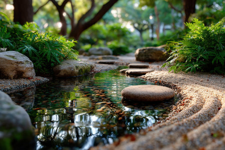 A shallow stream flows through a peaceful garden with stepping stonesの写真素材