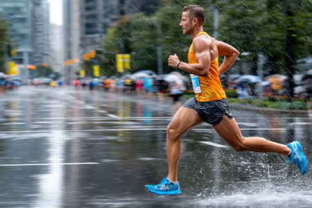 A male marathon runner sprints through city streets during a heavy downpourの写真素材