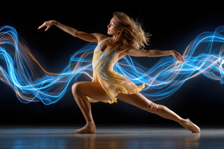 A ballerina dances on a dark stage with light trailsの写真素材