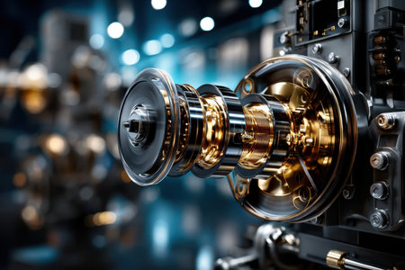 A mechanical assembly shows polished metal components reflecting light in a well-lit workshop.の写真素材
