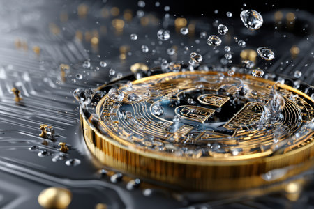 A bitcoin coin rests on a circuit board with droplets of water splashing around it, illustrating technology.の写真素材