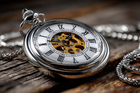 A silver pocket watch with a chain rests on a wooden surfaceの写真素材